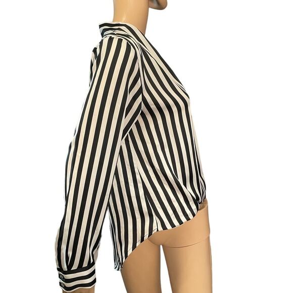Apt 9 Silky Blouse Womens S Black White Striped Long Sleeve Deep V Formal Classy - Picture 3 of 12